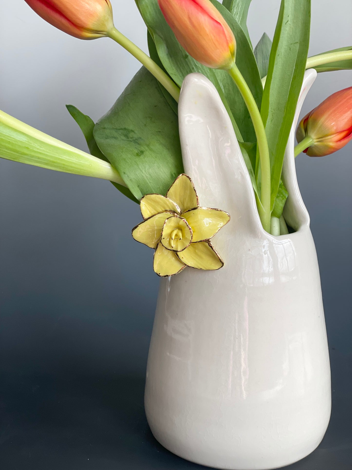 Porcelain Bunny Vase with daffodil gold-lined flower