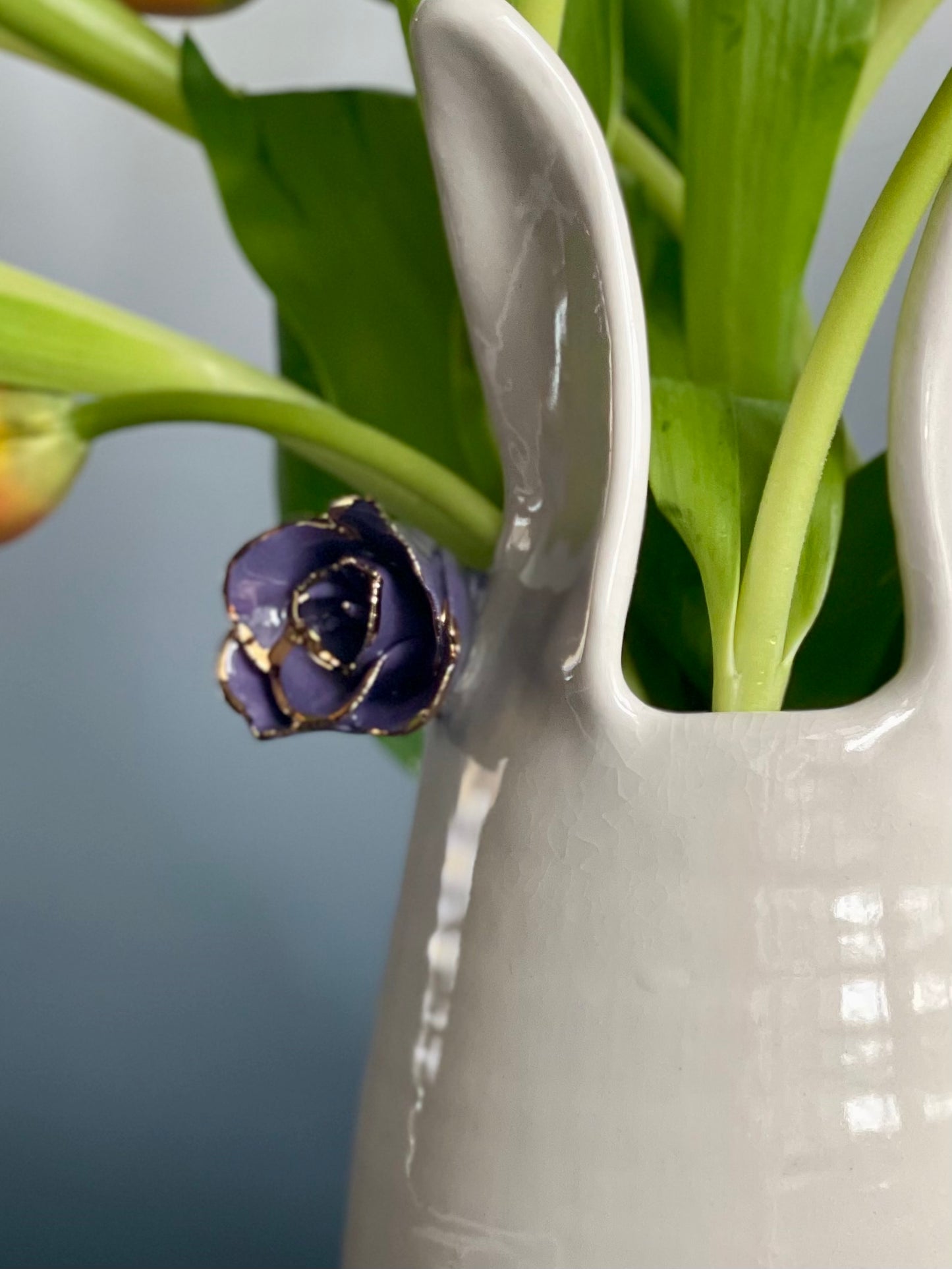 Porcelain Bunny Vase with purple gold-lined flower