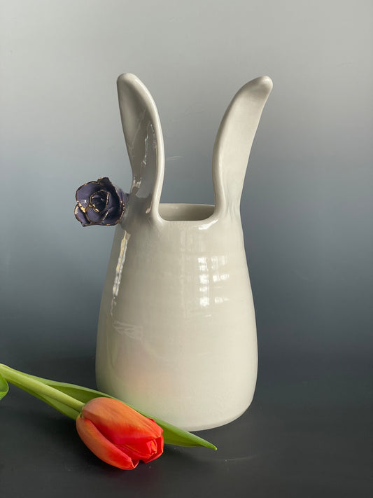 Porcelain Bunny Vase with purple gold-lined flower