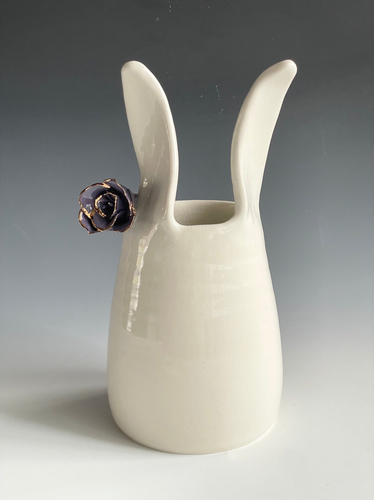 Porcelain Bunny Vase with purple gold-lined flower