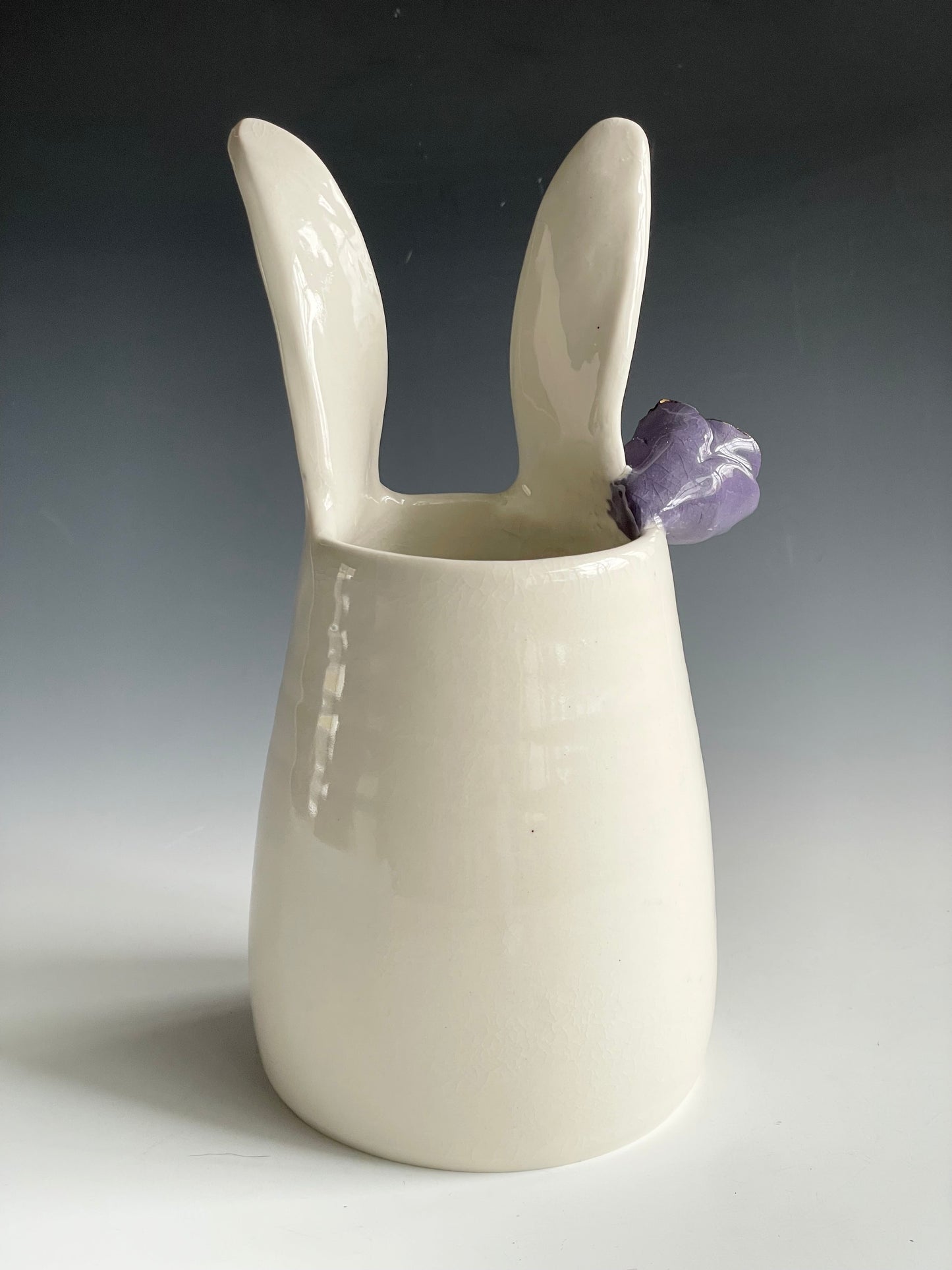 Porcelain Bunny Vase with purple gold-lined flower