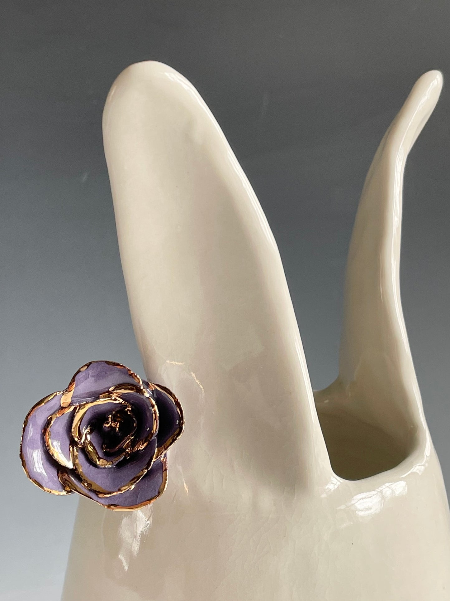 Porcelain Bunny Vase with purple gold-lined flower