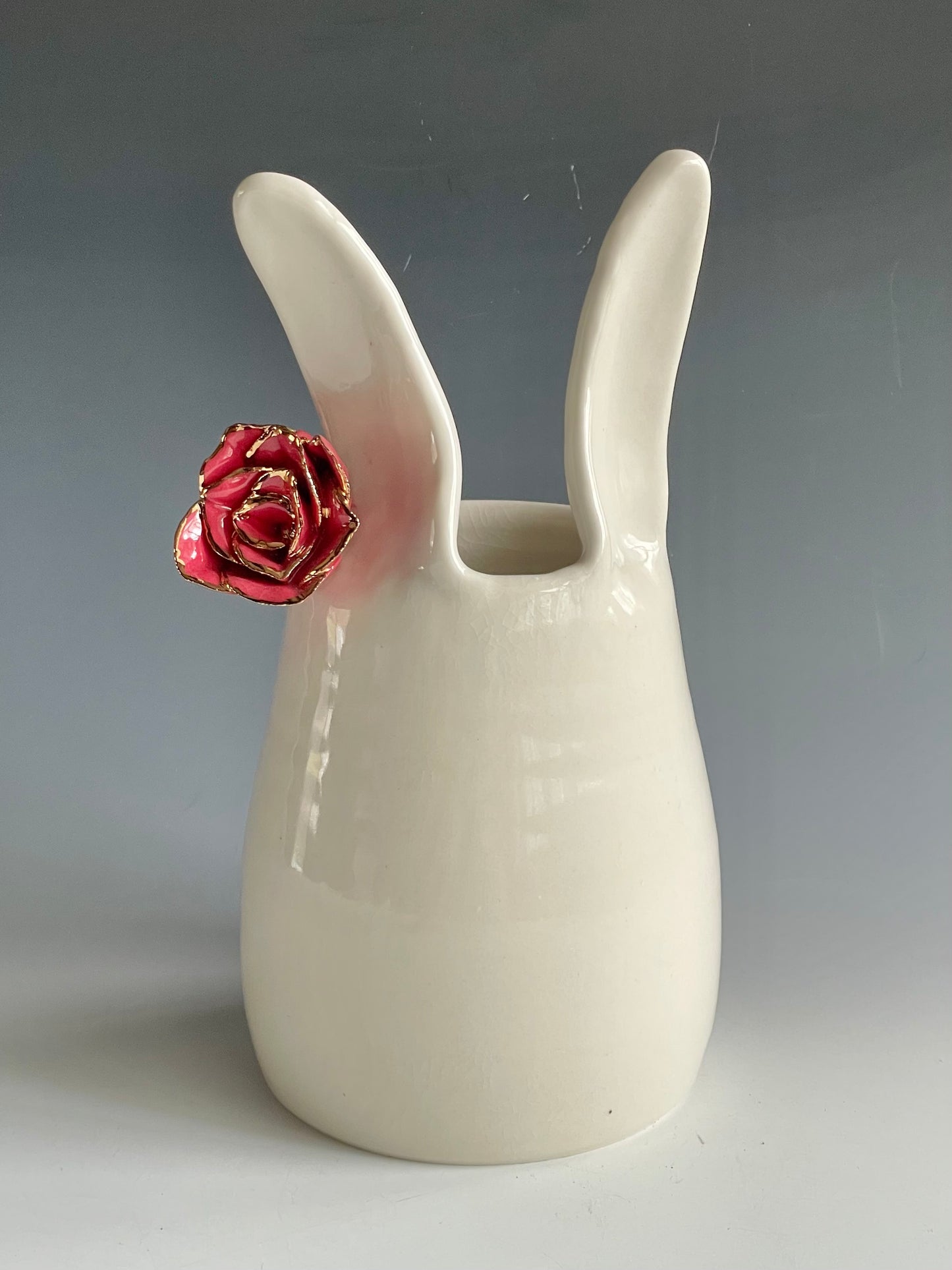 Porcelain Bunny Vase with red rose gold-lined flower