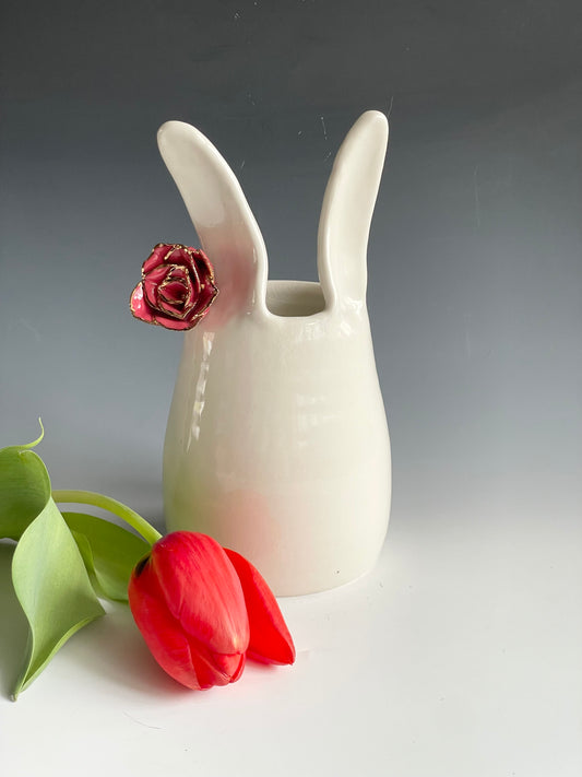 Porcelain Bunny Vase with red rose gold-lined flower