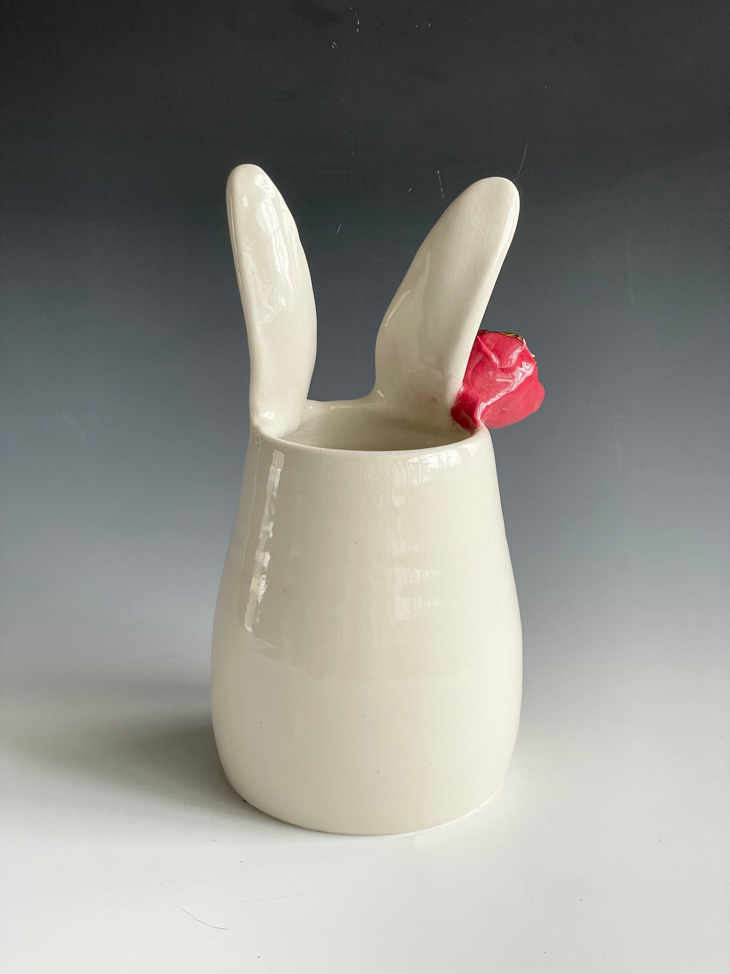 Porcelain Bunny Vase with red rose gold-lined flower