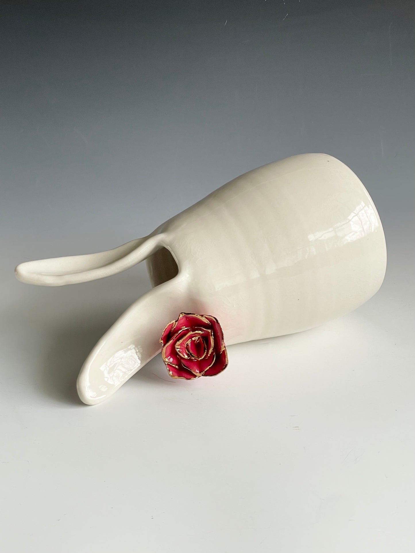 Porcelain Bunny Vase with red rose gold-lined flower