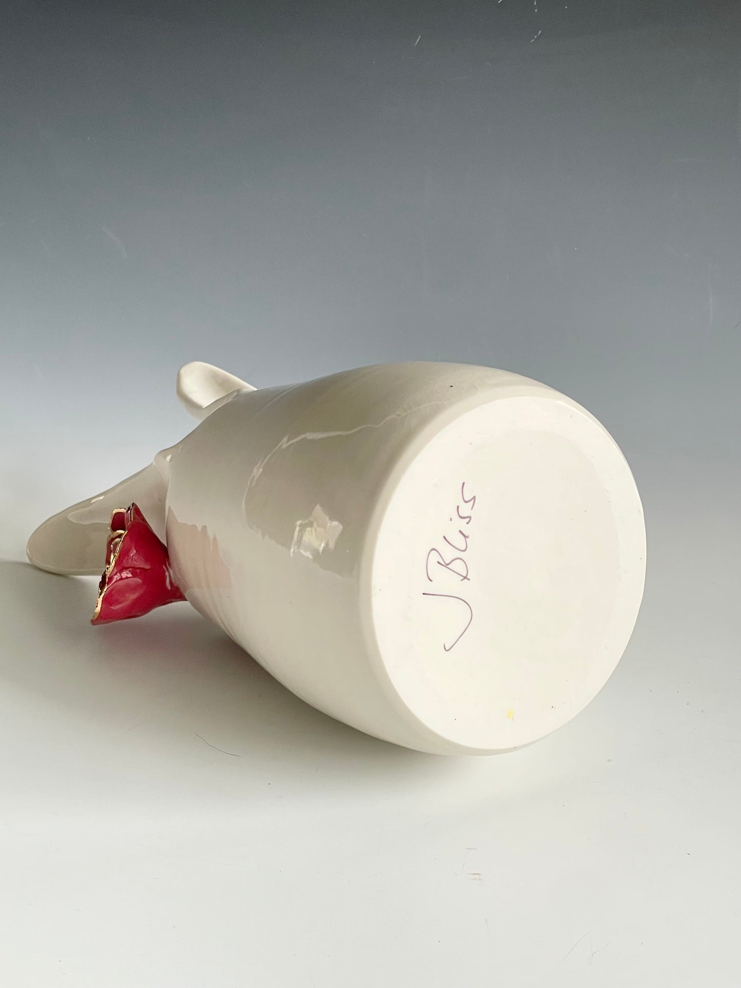 Porcelain Bunny Vase with red rose gold-lined flower