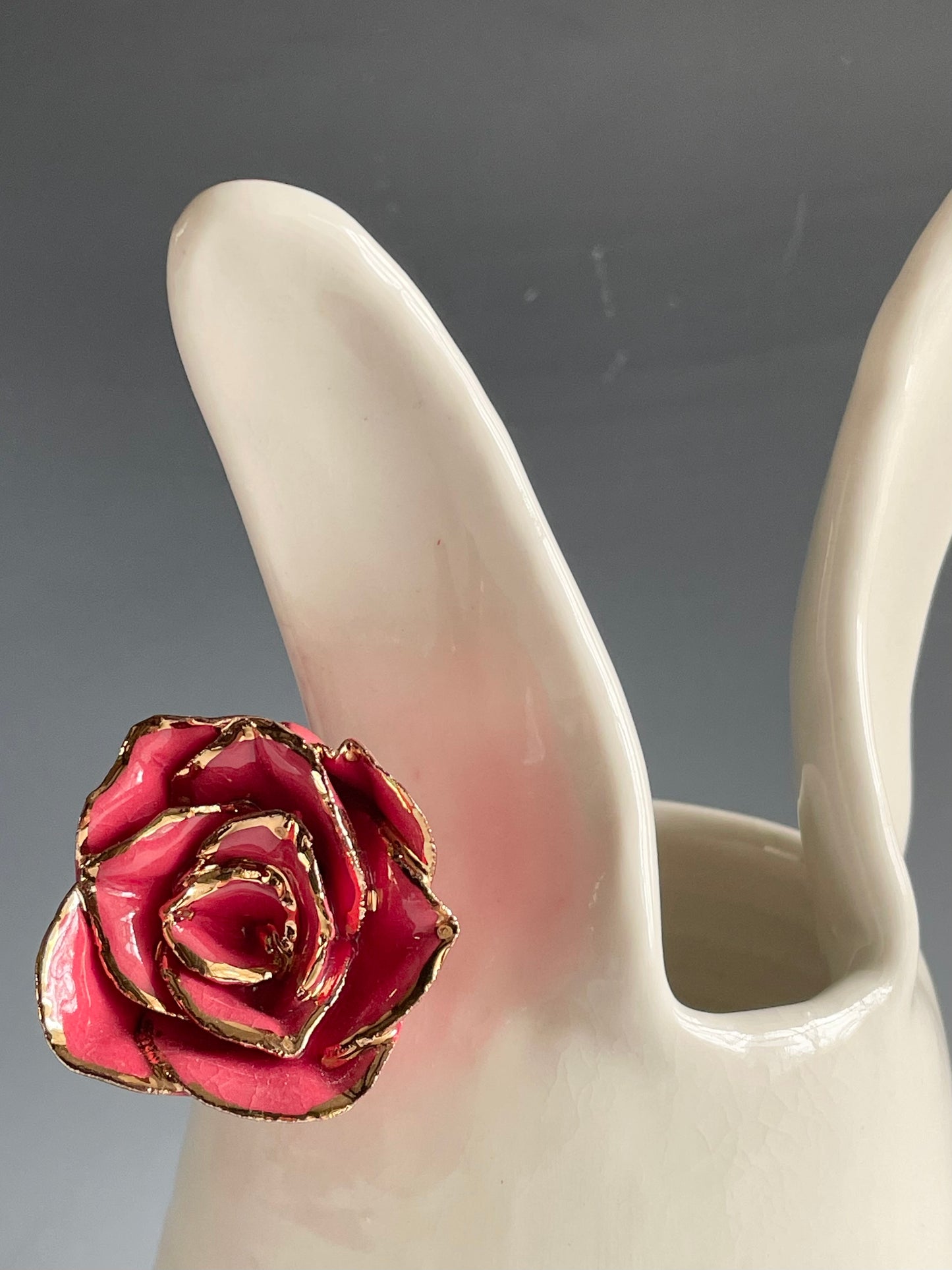 Porcelain Bunny Vase with red rose gold-lined flower