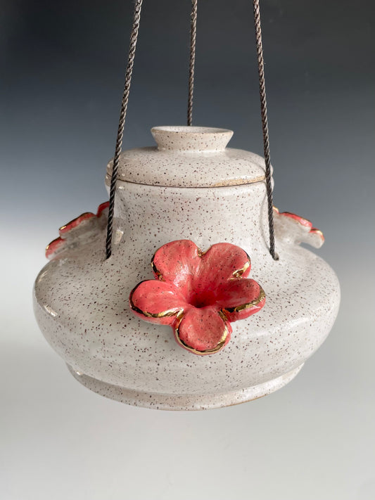 Hummingbird Feeder:  White with 3 pink flowers and gold