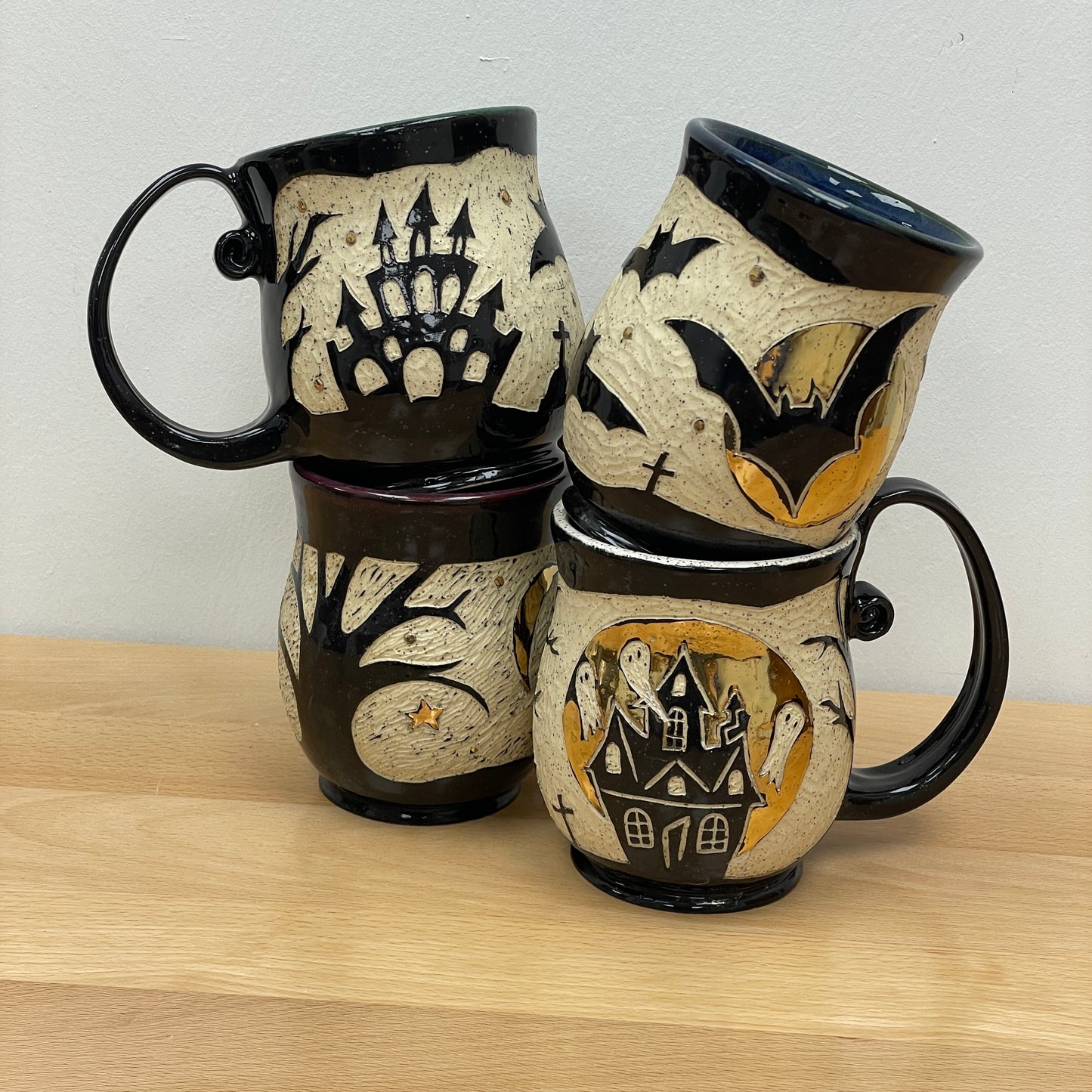 Sgraffito Cat Halloween Mug, purple glaze inside