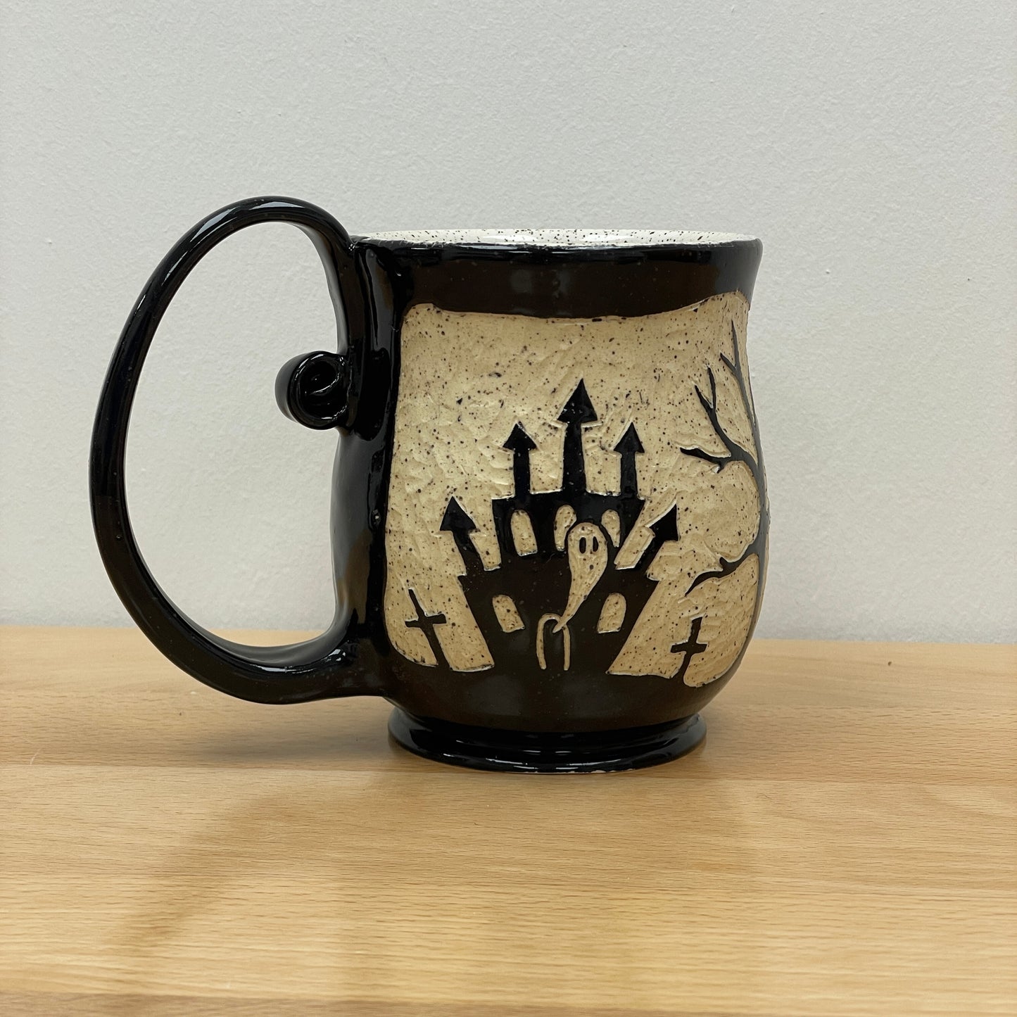 Sgraffito Haunted House Halloween Mug, white glaze inside