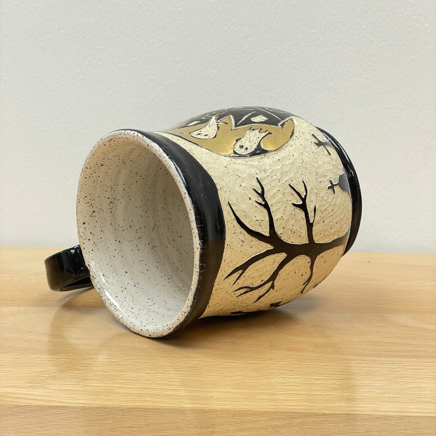 Sgraffito Haunted House Halloween Mug, white glaze inside