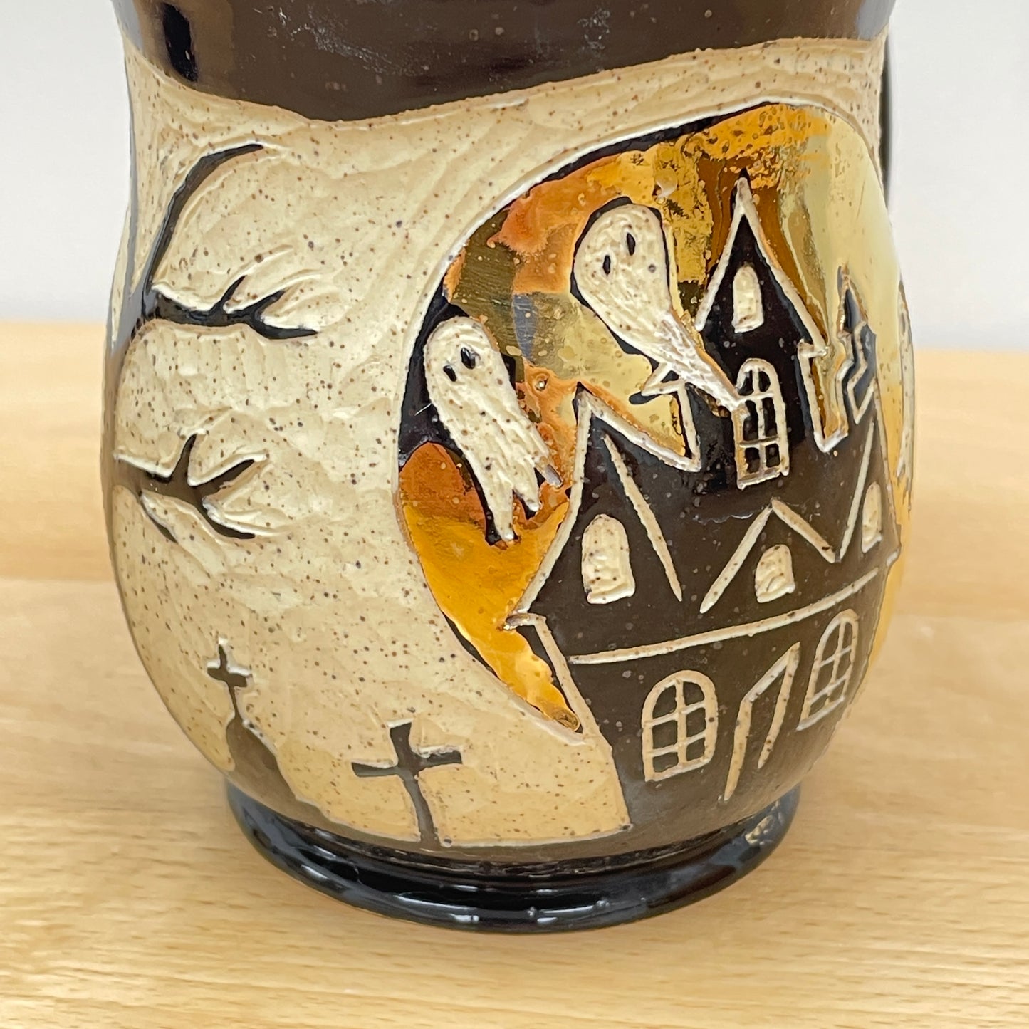 Sgraffito Haunted House Halloween Mug, white glaze inside