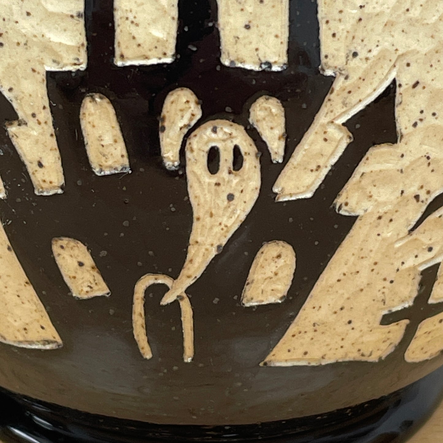 Sgraffito Haunted House Halloween Mug, white glaze inside