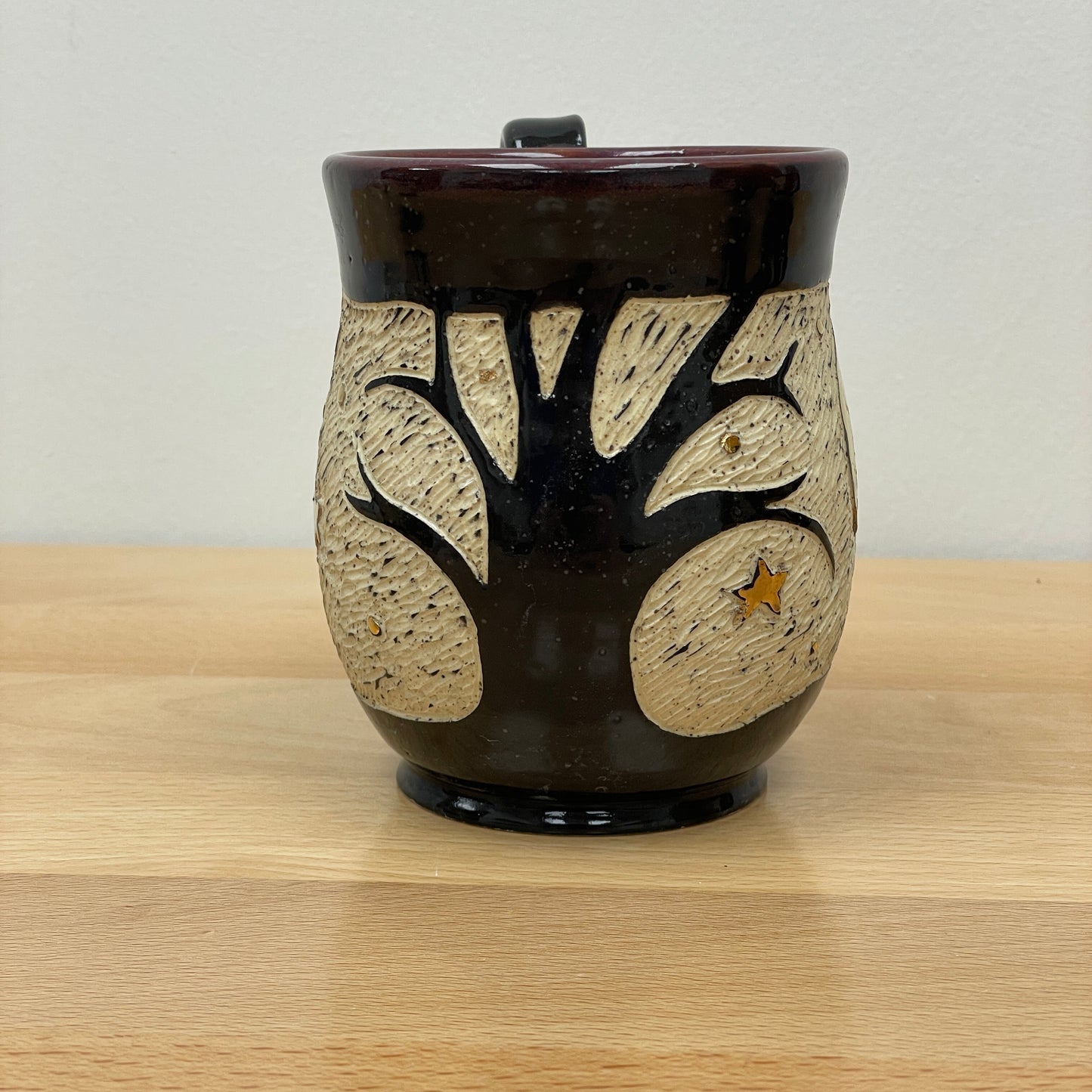 Sgraffito Cat Halloween Mug, purple glaze inside