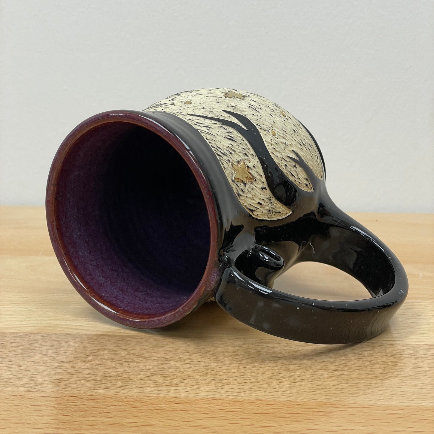 Sgraffito Cat Halloween Mug, purple glaze inside