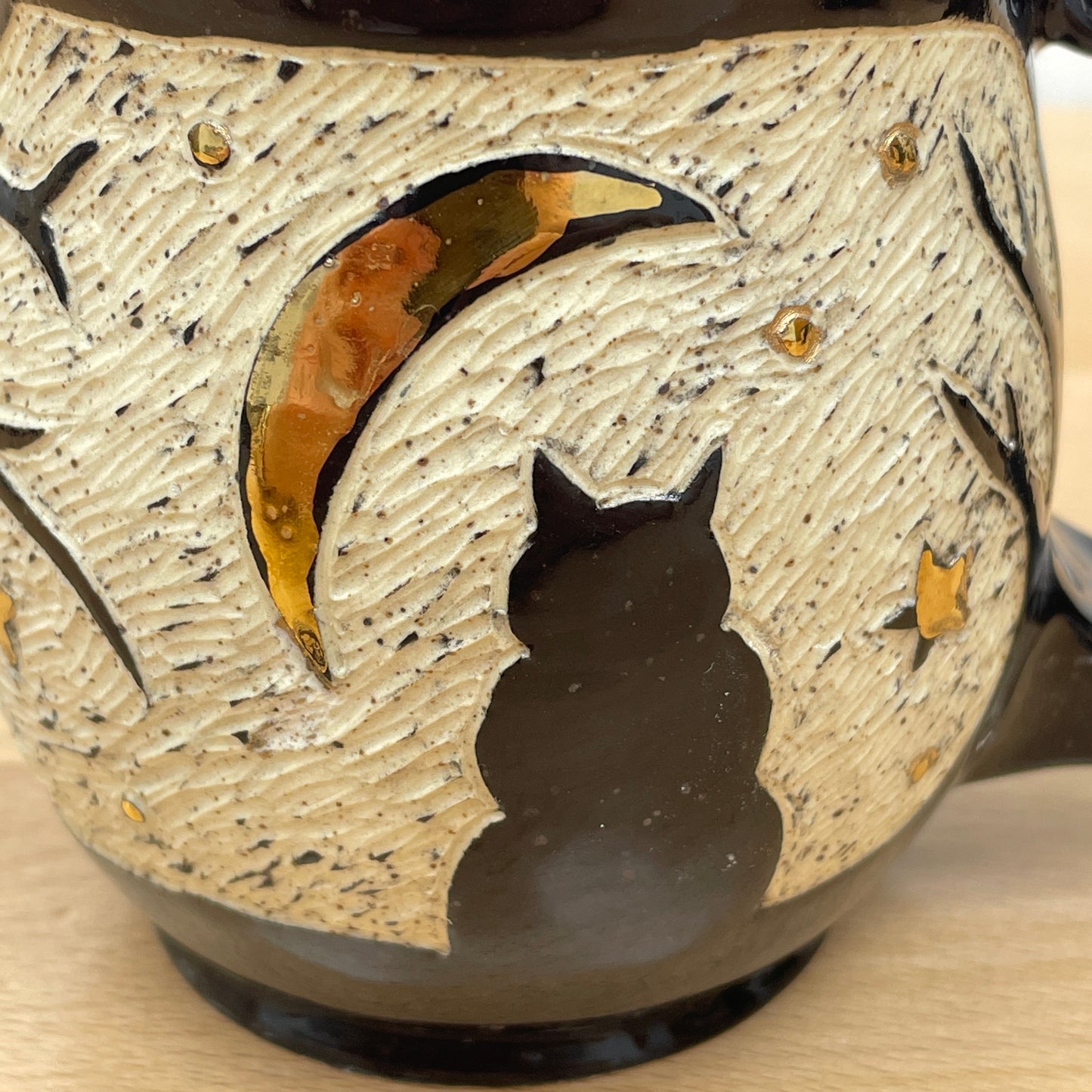Sgraffito Cat Halloween Mug, purple glaze inside