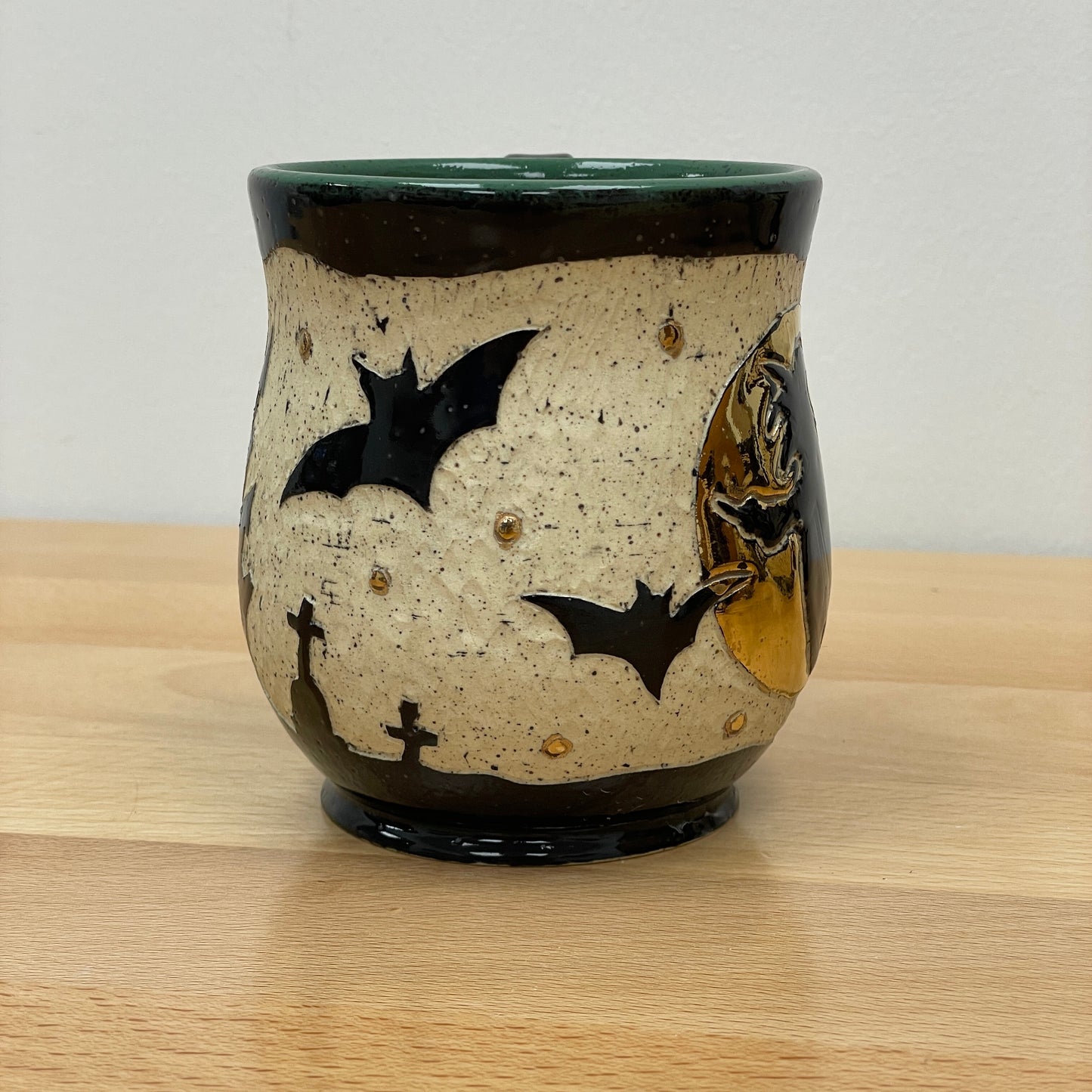 Sgraffito Witch Halloween Mug, green glaze inside