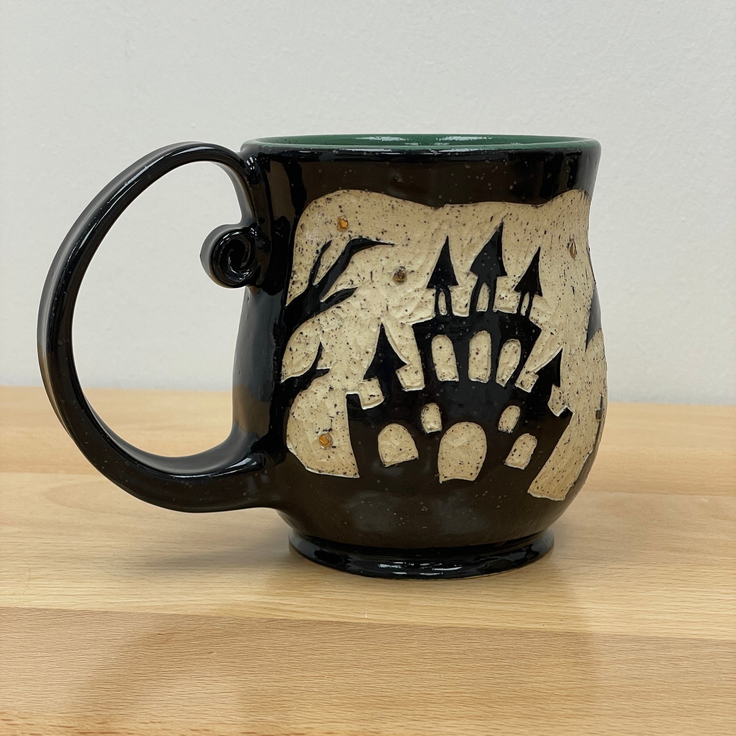 Sgraffito Witch Halloween Mug, green glaze inside