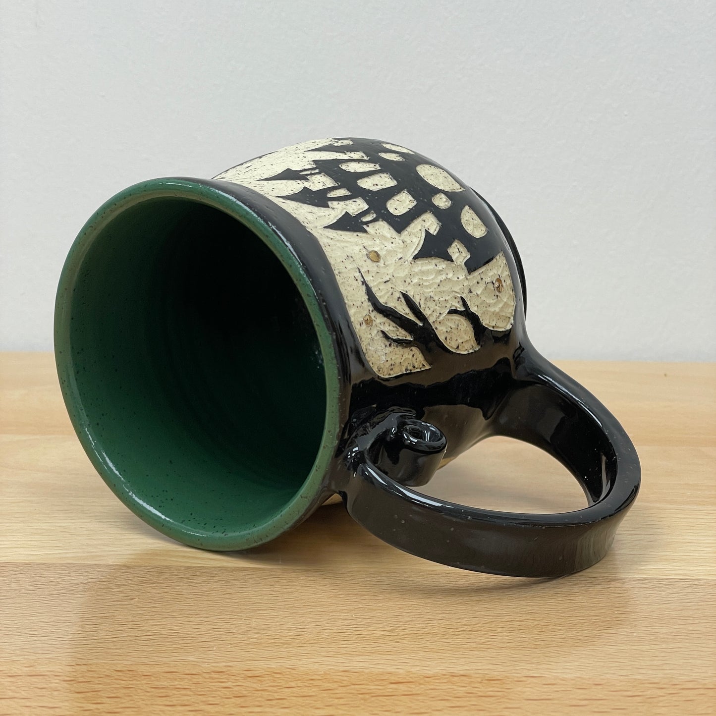 Sgraffito Witch Halloween Mug, green glaze inside