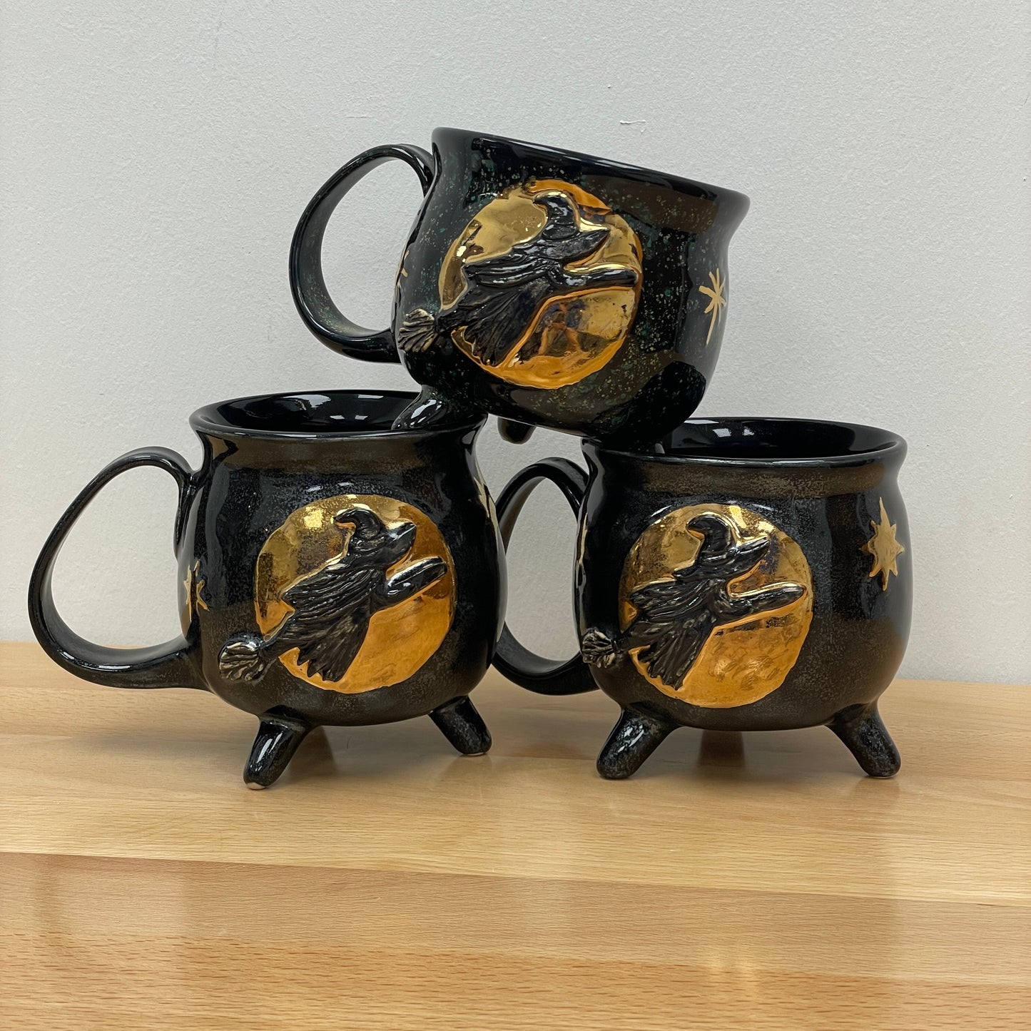 Witch Cauldron Mug, Black Sparkle background with Gold