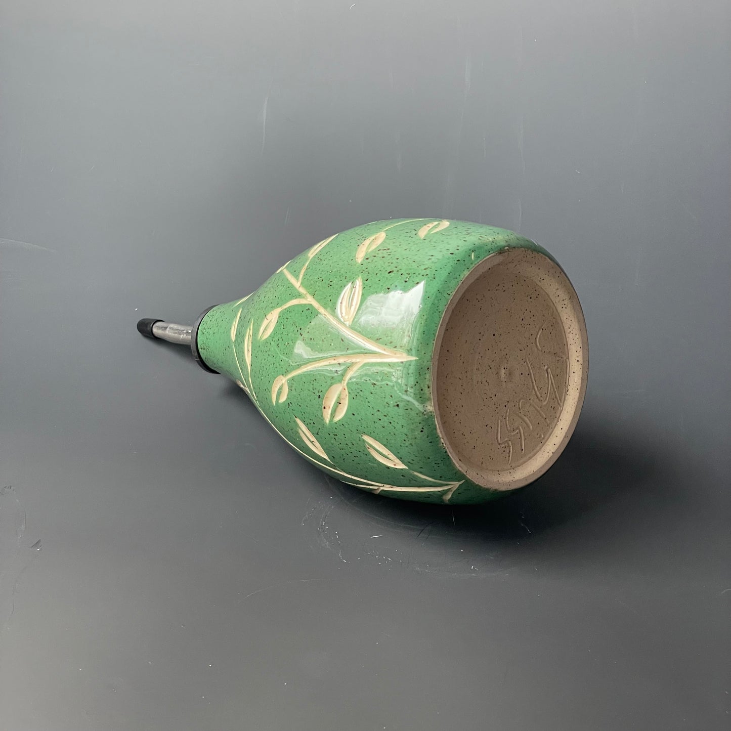 Green Leaf Carved Oil Pourer with thumb indent