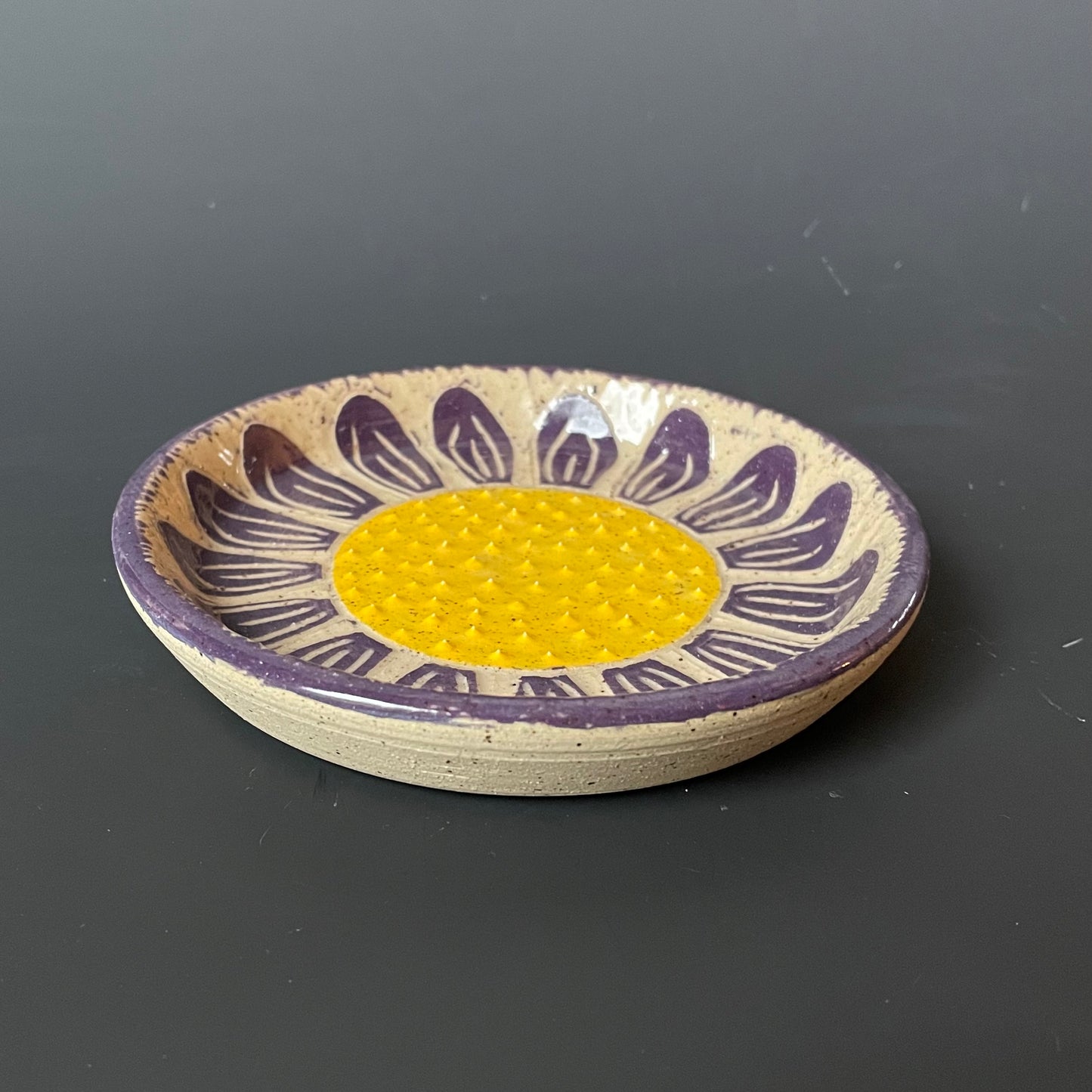 Purple Sgraffito Flower Ceramic Grater 2