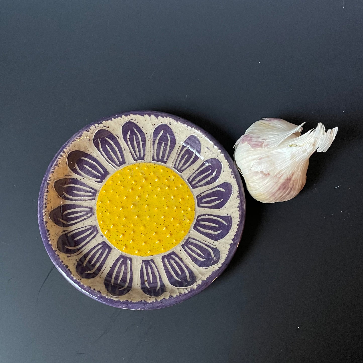 Purple Sgraffito Flower Ceramic Grater 2