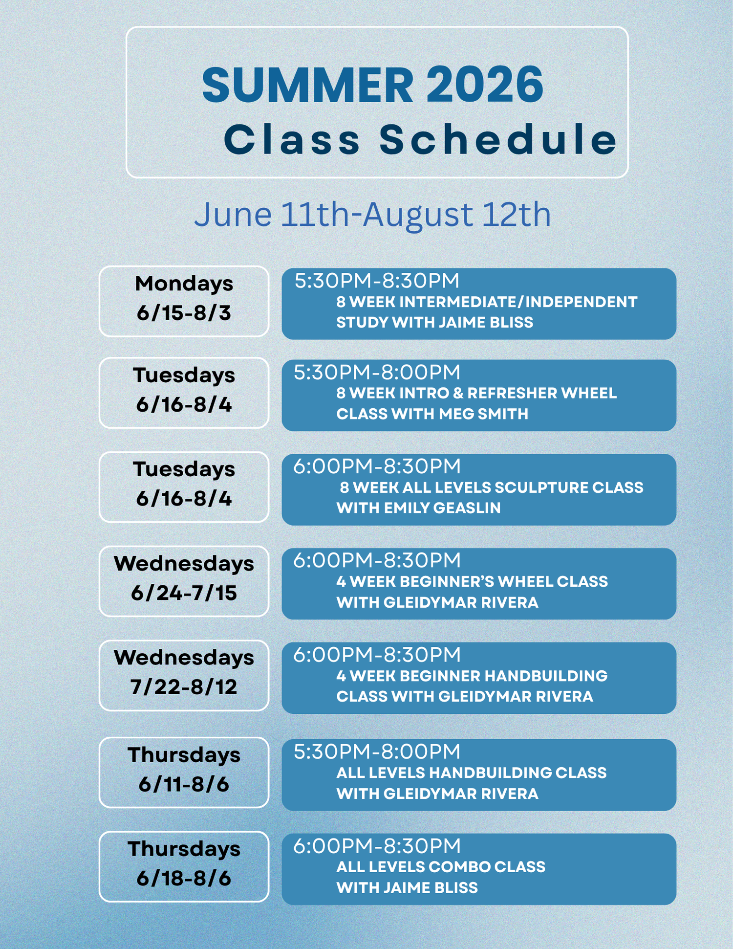 Summer 2026 Pottery Classes: 4-8 week series