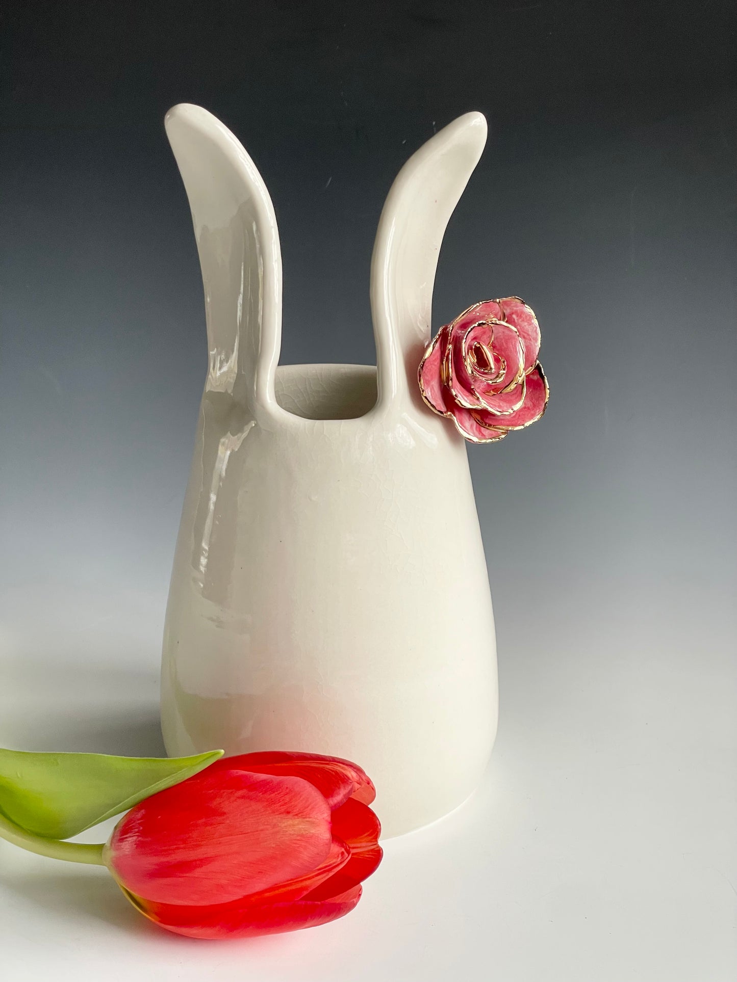 Porcelain Bunny Vase with rose gold-lined flower