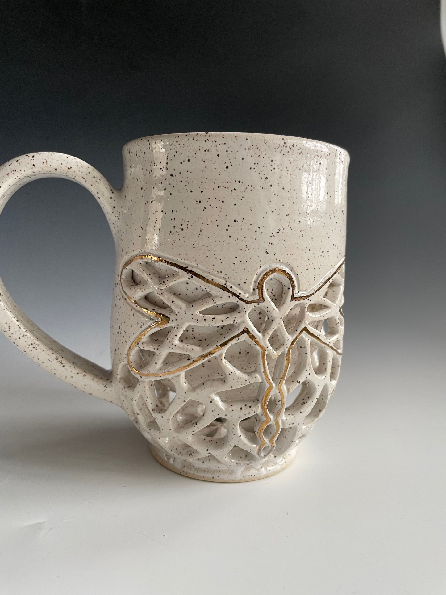 Double Walled Pierced Dragonfly Mug with gold