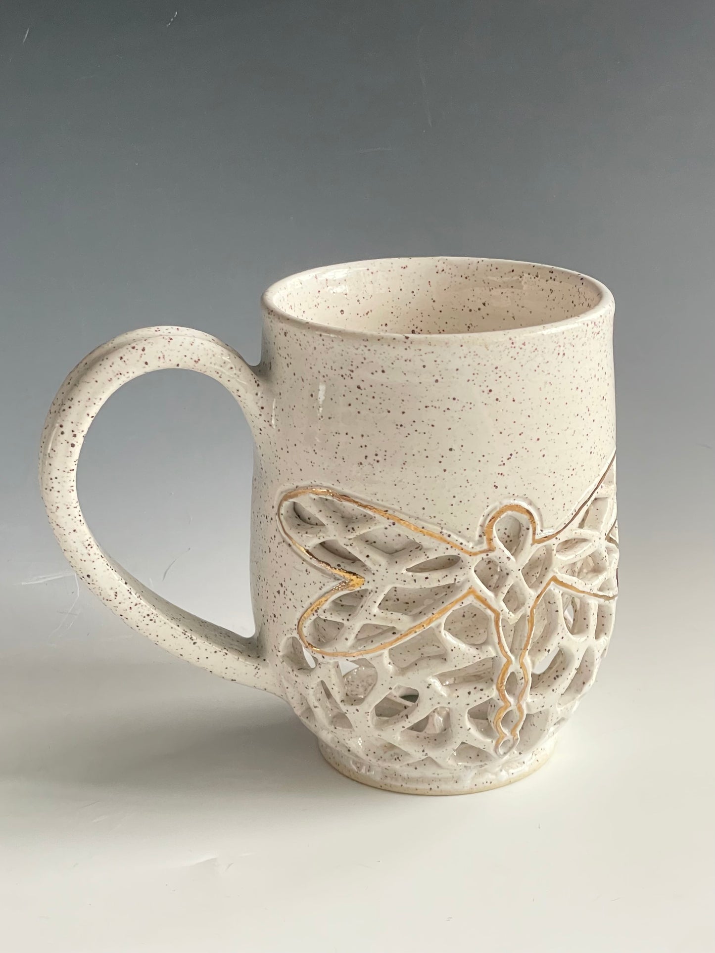 Double Walled Pierced Dragonfly Mug with gold