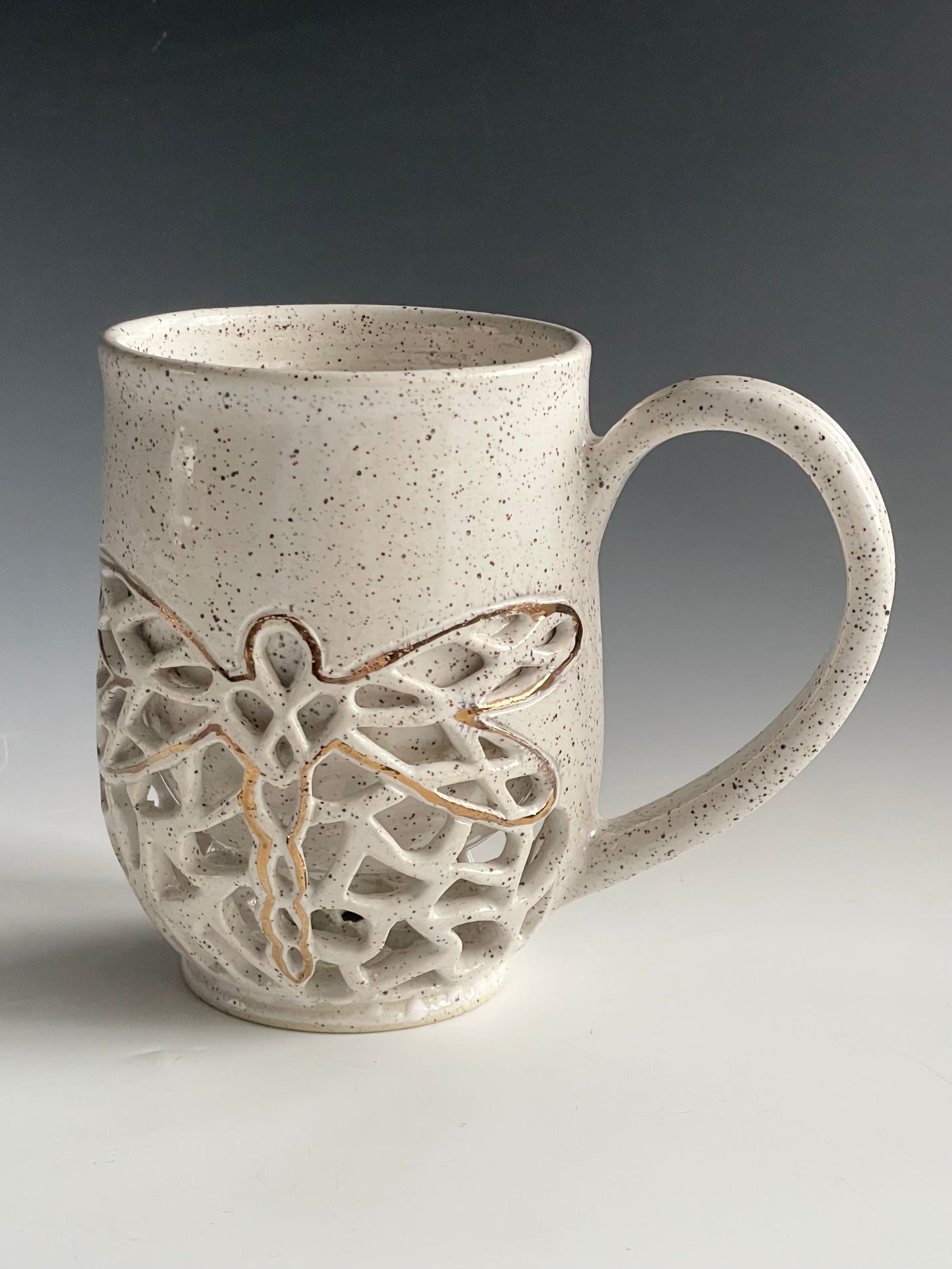 Double Walled Pierced Dragonfly Mug with gold