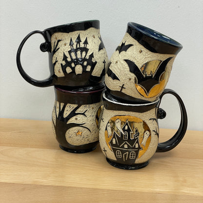 Sgraffito Cat Halloween Mug, purple glaze inside