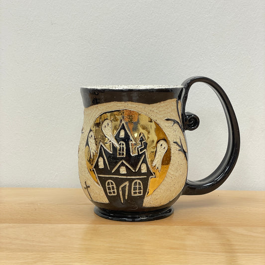 Sgraffito Haunted House Halloween Mug, white glaze inside