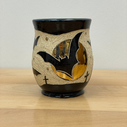 Sgraffito Bat Halloween Mug, dark blue inside