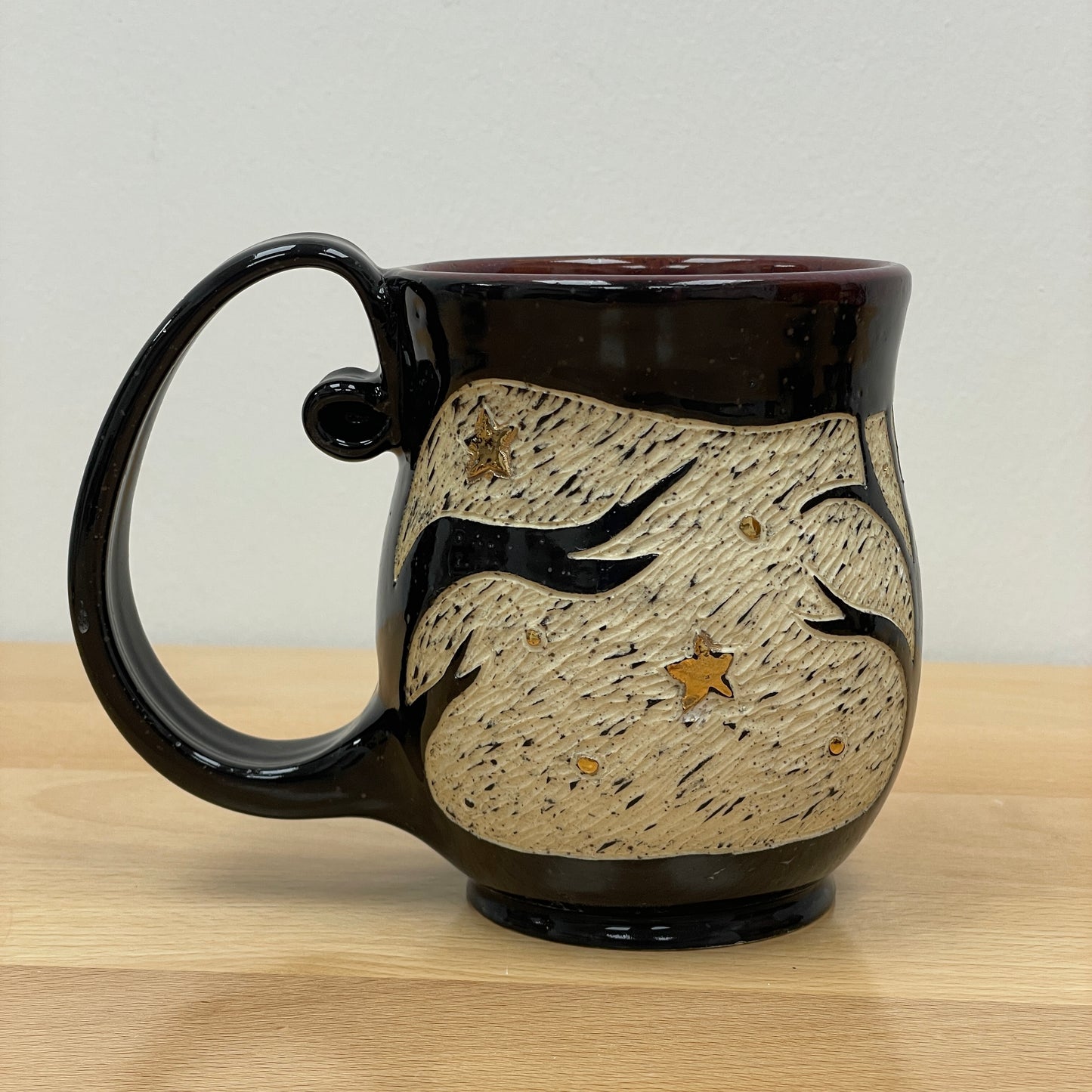 Sgraffito Cat Halloween Mug, purple glaze inside