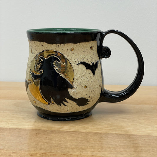 Sgraffito Witch Halloween Mug, green glaze inside