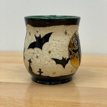 Sgraffito Witch Halloween Mug, green glaze inside