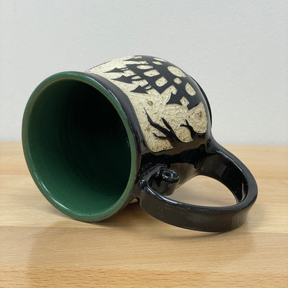 Sgraffito Witch Halloween Mug, green glaze inside