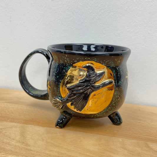 Witch Cauldron Mug, Green & Black flecked background with Gold