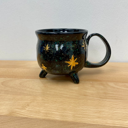 Witch Cauldron Mug, Green & Black flecked background with Gold