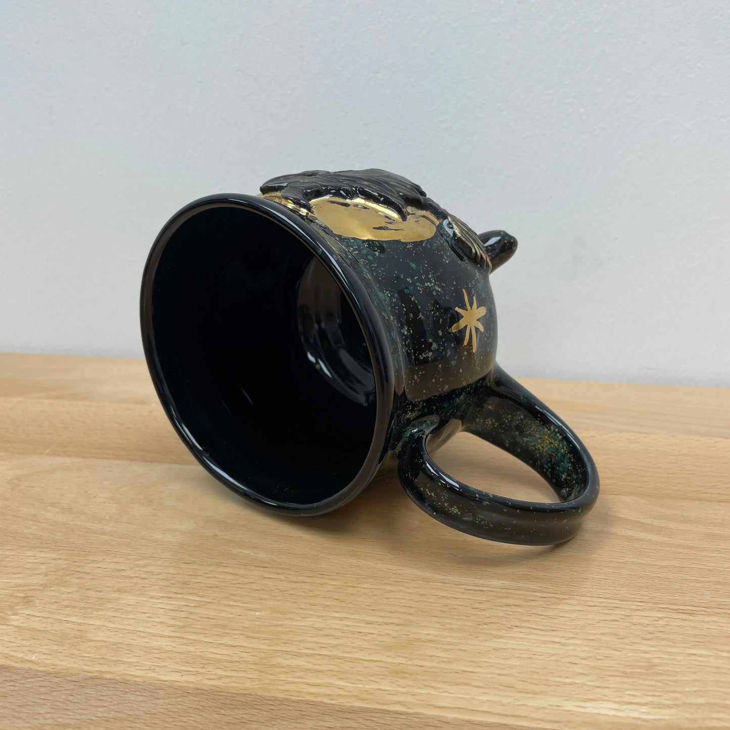 Witch Cauldron Mug, Green & Black flecked background with Gold