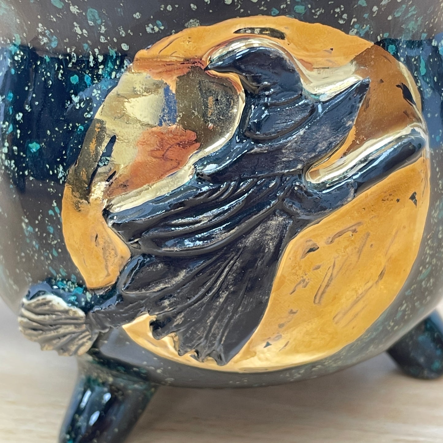 Witch Cauldron Mug, Green & Black flecked background with Gold