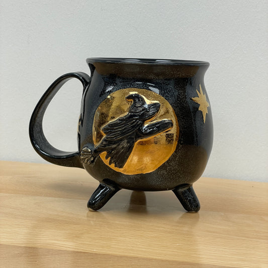 Witch Cauldron Mug, Black Sparkle background with Gold