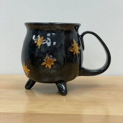 Witch Cauldron Mug, Black Sparkle background with Gold